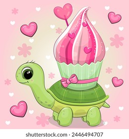 Cute cartoon green turtle with cupcake. Vector illustration of an animal on a pink background.