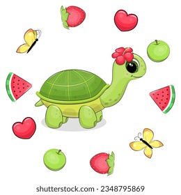 Cute cartoon green turtle in a fruit frame. Summer animal vector illustration with apple, strawberry, watermelon, butterfly and heart on white background.
