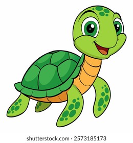 Cute cartoon green turtle isolated on white background. Side view. Vector illustration.