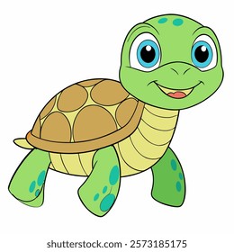 Cute cartoon green turtle isolated on white background. Side view. Vector illustration.