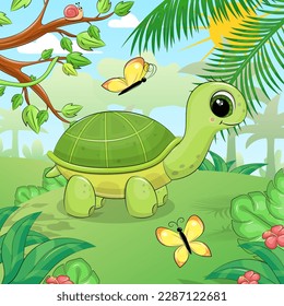 Cute cartoon green turtle in nature. Vector illustration of an animal with butterflies, flowers, trees, leaves and sun.