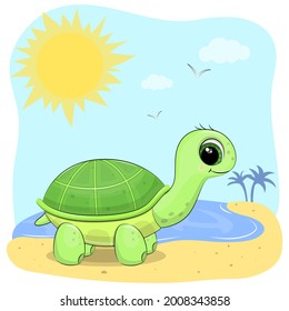 Cute cartoon green turtle on the beach. Summer vector illustration with animals, sun and palms.