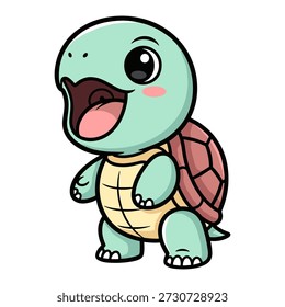 Cute cartoon green turtle with red shell laughing with mouth open