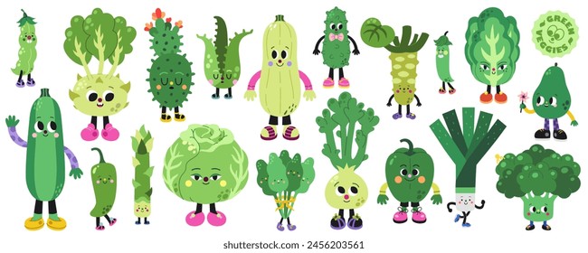 Cute dibujos animados de verduras verdes ilustraciones de Vector sobre un fondo blanco. Personajes divertidos y coloridos.