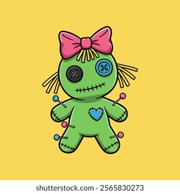 A cute cartoon green voodoo doll with a pink bow, buttons for eyes, and pins sticking out of its body.