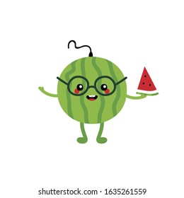 Cute cartoon green watermelon character holding in hand watermelon slice. Vector illustration.