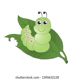 Cute Cartoon Green Worm on Leaves, Worm Illustration