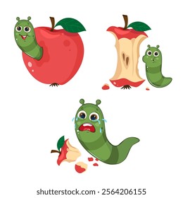 Cute cartoon  green worm set. Kids character design 