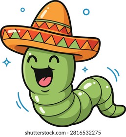 Cute cartoon green worm smiling with sombrero hat, funny insect illustration, happy character design, festive style, playful vector art