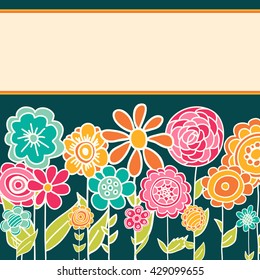 Cute cartoon greeting card with flowers. Stylish floral card. Summer background in bright colors.