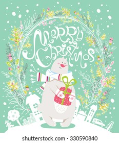 Cute cartoon greeting card with polar bear, gift box on the background of winter city and floral pattern. Lovely vector holiday poster. Merry Christmas!