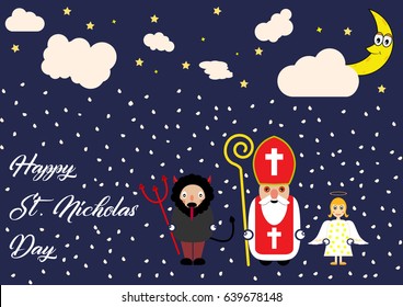 Cute cartoon greeting card with Saint Nicholas, angel and devil character.