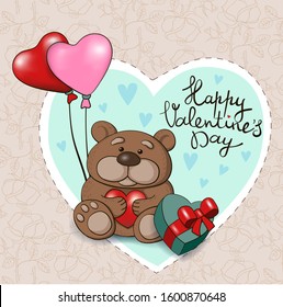 Cute Cartoon Greeting Card for Valentine's Day February 14th. Teddy bear holding a heart in its paws with heart-shaped balloons and a gift box with a bow.