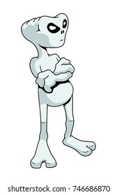 cute cartoon grey alien standing with folded arms