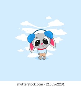 Cute Cartoon grey Bunny stands in warm clothes with headphones and a scarf. Vector illustration.