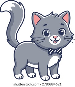 A cute cartoon grey cat standing on a white background. Adorable and fluffy pet character illustration suitable for kids, children, cat lovers, and animal themes.