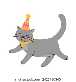 Cute cartoon grey cat wears party hat. Running happy kitten. Hand drawn vector illustration. Funny Birthday party character card template.