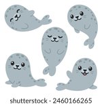 Cute cartoon grey harbor seals set. Simple kawaii illustration in flat vector style.