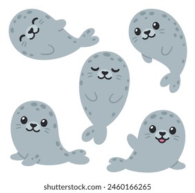 Cute cartoon grey harbor seals set. Simple kawaii illustration in flat vector style.