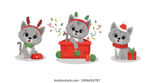 Cute cartoon grey kitten Isolated on white. Christmas Illustration for design, banners, children's books and patterns. Funny gray cat in santa hat. Vector illustration
