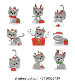 Cute cartoon grey kitten Isolated on white. Christmas Illustration for design, banners, children's books and patterns. Funny  cat in scarf, santa hat and with gift. Vector illustration