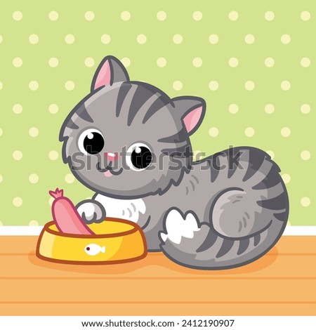 A cute cartoon grey kitten is sitting next to a bowl of food. The cat is isolated on a white background. Vector illustration with a pet in cartoon style.