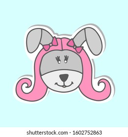 Cute cartoon grey rabbit girl sticker isolated on blue background. Vector stock illustration. Hare winter animals. Design print t shirt, cup, sticker,logo,poster,postcard,kids zone playing.Face comic.