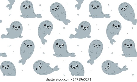 Cute cartoon grey seals seamless pattern. Simple kawaii illustration in flat vector style.