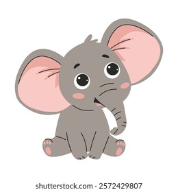 Cute cartoon grey smiling elephant baby. Design element for baby shower card, scrap booking, invitation, nursery, poster. Isolated on white background. Vector illustration