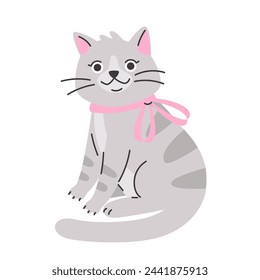 Lindo gato gris de dibujos animados con lazo rosa. Dibujado a mano ilustración vectorial. Plantilla de tarjeta de personaje de mascota divertida. Aislado en blanco.