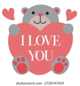 Ursinho de pelúcia cinza de desenho animado segurando uma grande forma de coração rosa com as palavras I Love You. Ilustração romântica para o Dia dos Namorados ou aniversário.