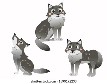 Cute cartoon grey wolfs vector set. Wolfs in different postures.  Sitting wolf, howling wolf, standing wolf. Forest animals for kids. Isolated on white background