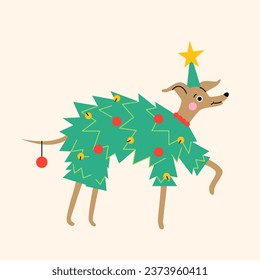 Cute cartoon greyhound puppy in Christmas tree outfit. Hand drawn vector illustration. Funny festive dog character card template.