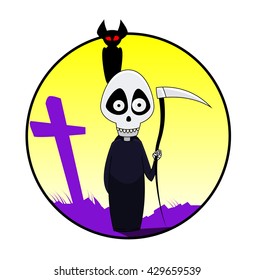 Cute cartoon grim reaper with bat on his head and the silhouette of graves in the background. Halloween illustration