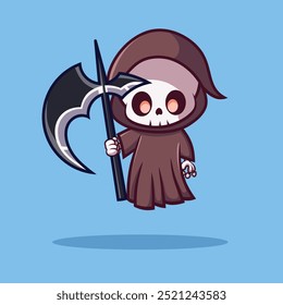 Cute cartoon grim reaper with a black robe and scythe, floating slightly. Great for Halloween or spooky themed designs.