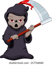 Cute cartoon Grim Reaper with a bloody scythe 