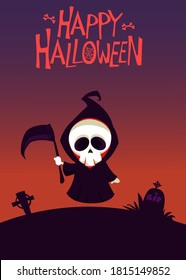 Cute cartoon grim reaper. Cute Halloween skeleton death character illustration