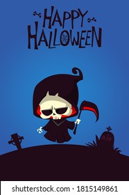 Cute cartoon grim reaper. Cute Halloween skeleton death character illustration