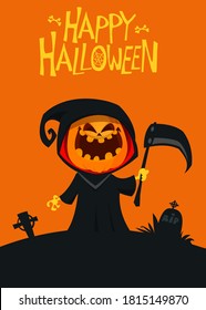 Cute cartoon grim reaper. Cute Halloween skeleton death character illustration