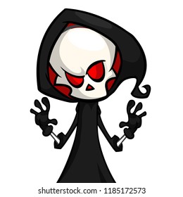 Cute cartoon grim reaper isolated on white. Cute Halloween skeleton death character icon
