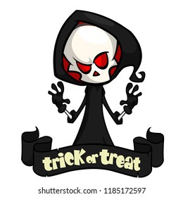 Cute cartoon grim reaper isolated on white. Cute Halloween skeleton death character icon
