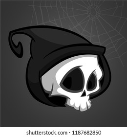 Cute cartoon grim reaper isolated on white. Cute Halloween skeleton death character icon