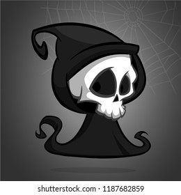 Cute cartoon grim reaper isolated on white. Cute Halloween skeleton death character icon