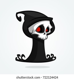 Cute cartoon grim reaper isolated on white. Cute Halloween skeleton death character icon. Outlined