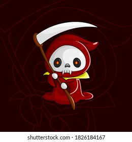 Cute cartoon grim reaper. Kawaii Halloween skeleton character icon. Vector illustration.