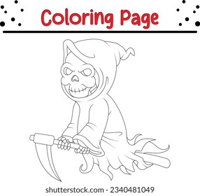 cute cartoon grim reaper riding scythe coloring page. Halloween coloring book for kids