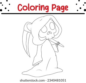 cute cartoon grim reaper riding scythe coloring page. Halloween coloring book for kids