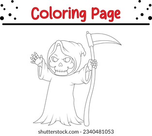 cute cartoon grim reaper riding scythe coloring page. Halloween coloring book for kids
