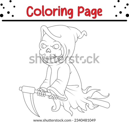 cute cartoon grim reaper riding scythe coloring page. Halloween coloring book for kids