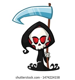 Cute cartoon grim reaper with scythe. Halloween death character illustration